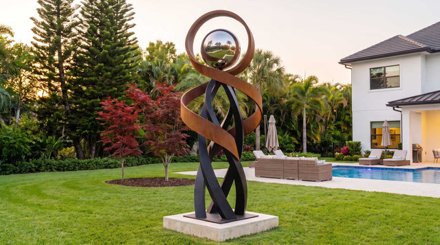 Contemporary custom sculpture designed to define a luxury residential outdoor space.