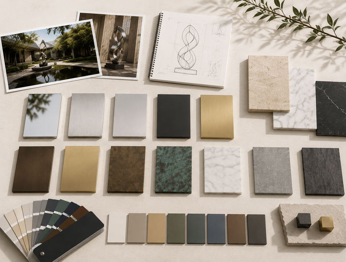 Custom sculpture material and finish selection board featuring metal, bronze, stone, and surface options for bespoke sculpture projects