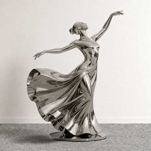 Mirror polished stainless steel dancing woman figurative sculpture in an architectural outdoor setting