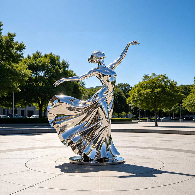 Contemporary stainless steel female figure sculpture installed in a modern public landscape