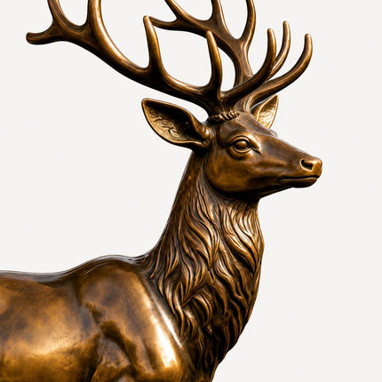 Bronze deer sculpture detail showing branching antlers, facial features, and textured neck