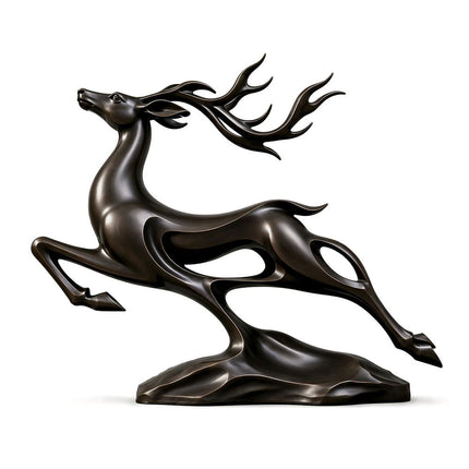 Bronze deer sculpture with a leaping pose, open-form body and elongated antlers