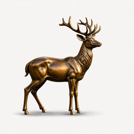 Bronze deer statue with realistic standing form and large branching antlers