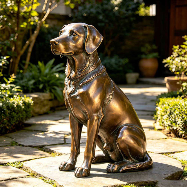 Bronze dog garden sculpture displayed in a landscaped outdoor setting