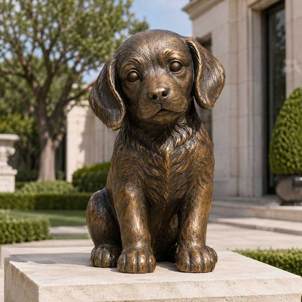 Bronze dog statue displayed near a landscaped residential entrance