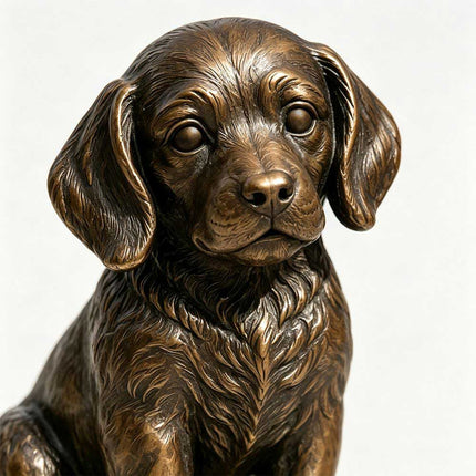 Bronze dog sculpture detail showing gentle facial features, floppy ears, and textured coat