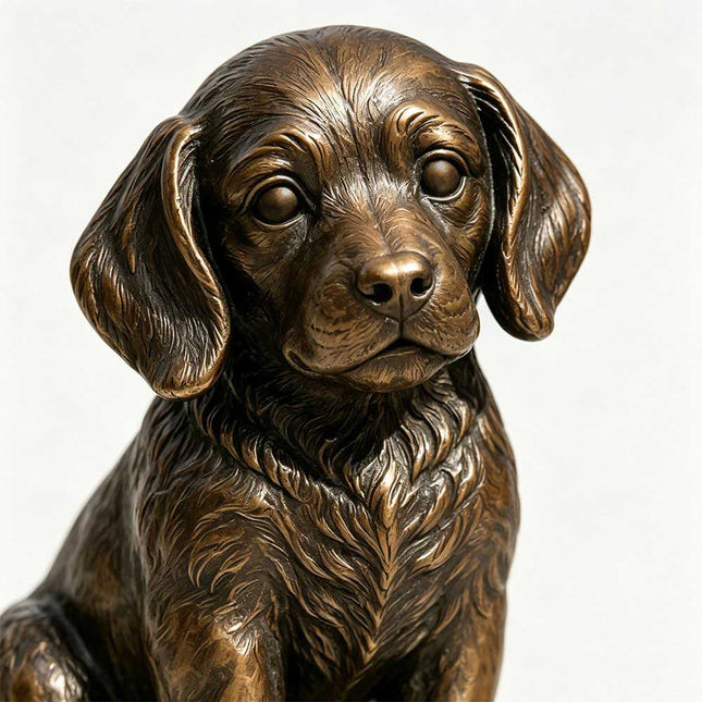 Bronze dog sculpture detail showing gentle facial features, floppy ears, and textured coat