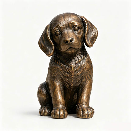 Bronze dog sculpture with a realistic seated puppy form and detailed coat