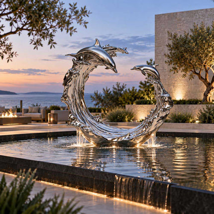 Two dolphin stainless steel sculpture in a modern outdoor water garden at sunset