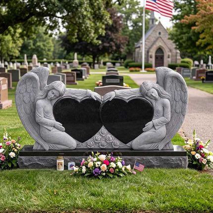 Double heart headstone with two carved angels displayed in a cemetery setting