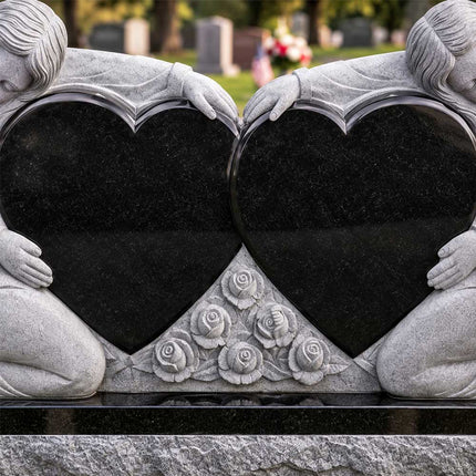 Polished black granite double heart panels with carved rose details between them