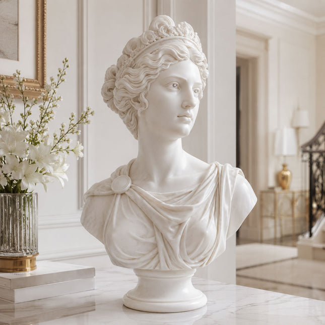 Draped female marble bust displayed on a marble surface in a classical interior