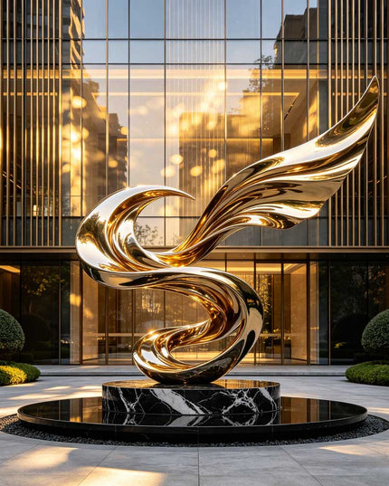 Contemporary stainless steel wave sculpture installed in a landscaped garden environment