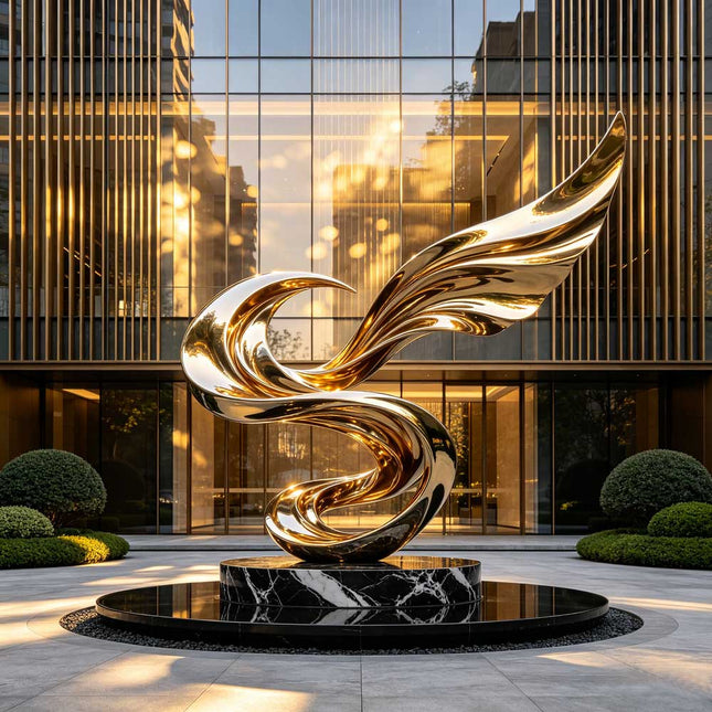 Contemporary stainless steel wave sculpture installed in a landscaped garden environment