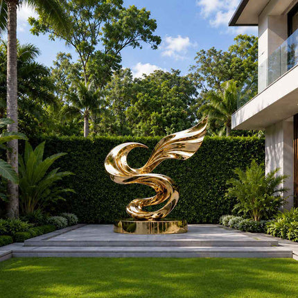 Mirror polished stainless steel wave sculpture displayed in a contemporary architectural setting