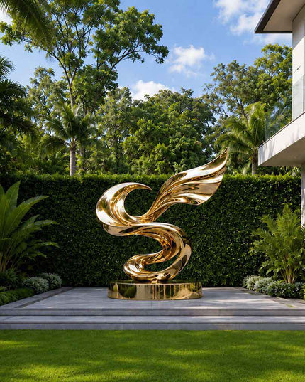 Mirror polished stainless steel wave sculpture displayed in a contemporary architectural setting