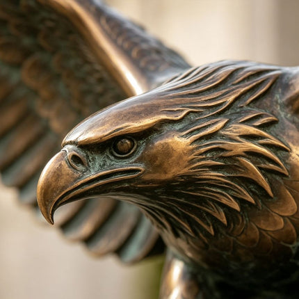Eagle head detail with hooked beak and layered bronze feather texture
