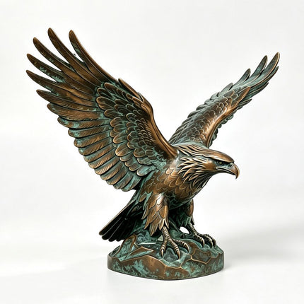 Eagle sculpture with fully extended wings and an integrated sculpted rock base