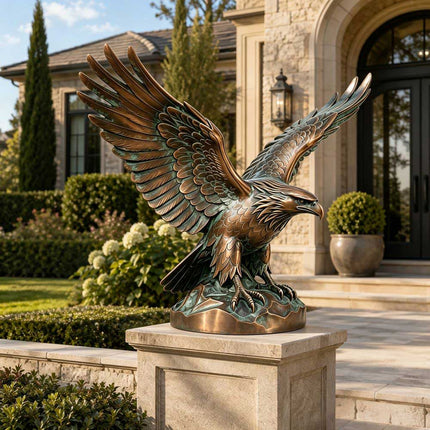Bronze eagle sculpture with spread wings displayed on an outdoor stone pedestal