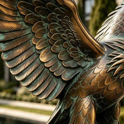 Layered feather detail with green patina across the eagle's extended bronze wing