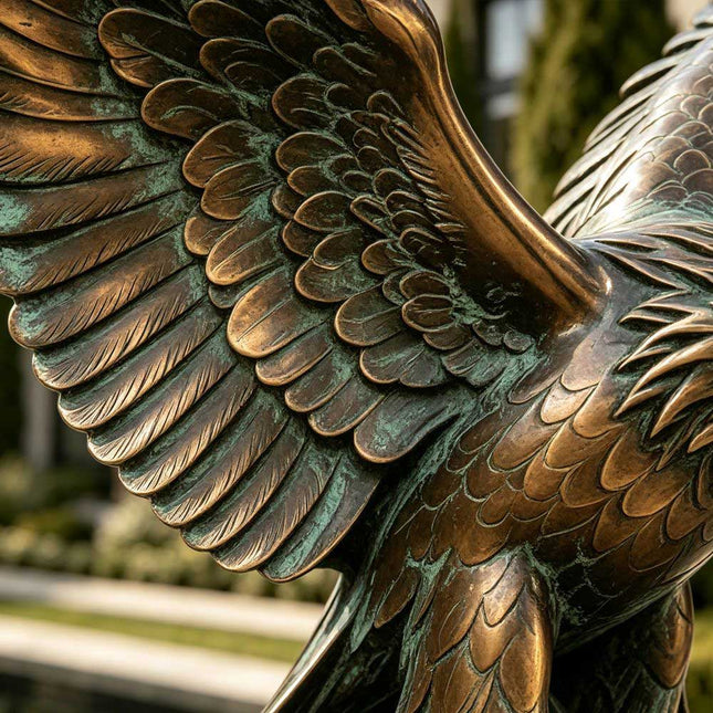 Layered feather detail with green patina across the eagle's extended bronze wing