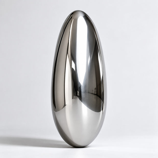 Mirror polished stainless steel sculpture with a smooth elongated oval form