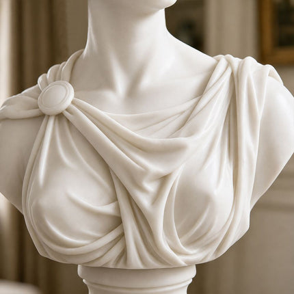 Close-up of carved drapery and shoulder details on a female marble bust