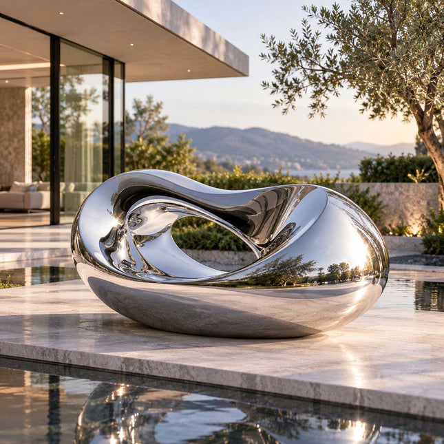 Mirror polished abstract stainless steel sculpture beside a modern pool