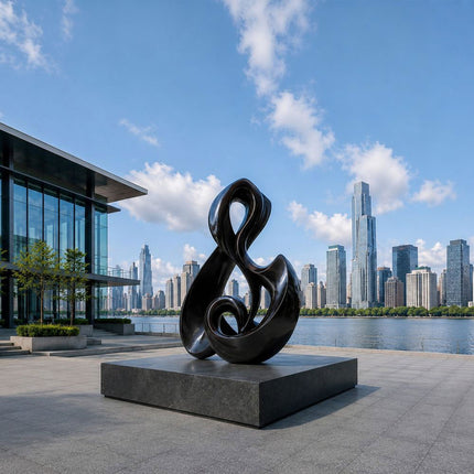 Flowing abstract stainless steel sculpture with black polished finish