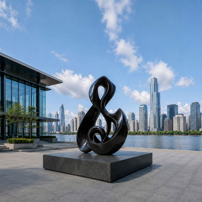 Flowing abstract stainless steel sculpture with black polished finish