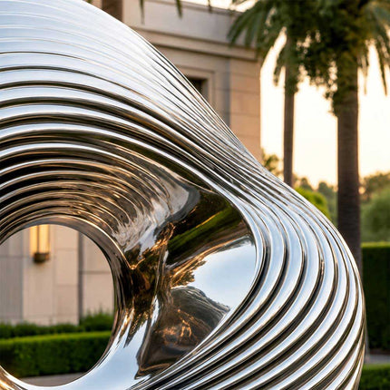 Flowing curved details of abstract stainless steel sculpture