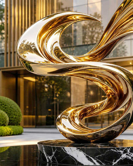 Detailed view of curved stainless steel form with mirror polished finish