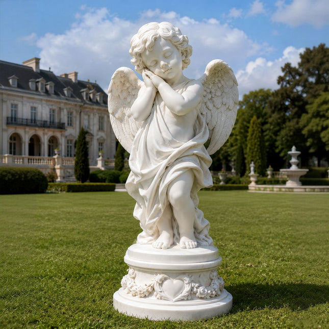White marble angel statue displayed on a formal estate lawn