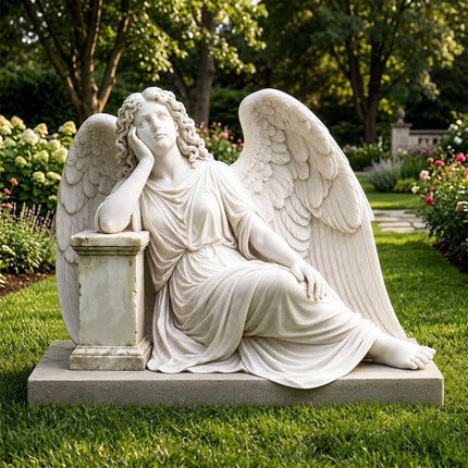 Seated marble angel statue displayed in a landscaped outdoor garden