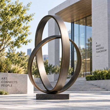 Geometric bronze sculpture with overlapping rings outside a contemporary building