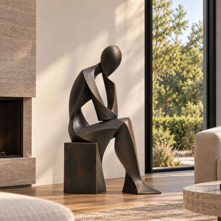 Geometric seated bronze figure sculpture displayed beside a large window in a contemporary interior.