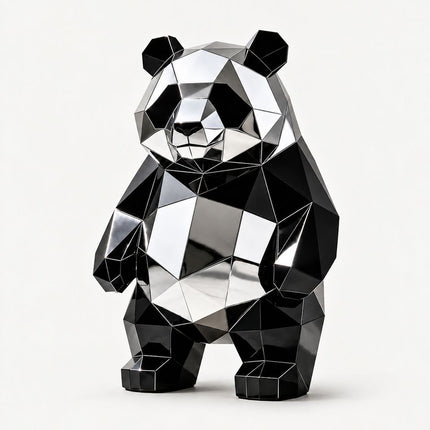 Geometric panda sculpture with black and mirror-polished stainless steel facets