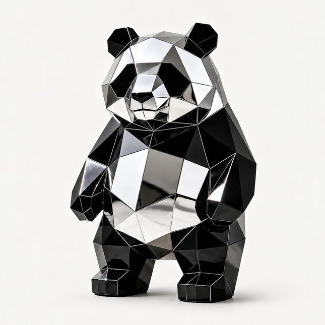 Geometric panda sculpture with black and mirror-polished stainless steel facets