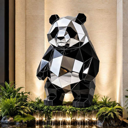 Geometric panda sculpture displayed in a contemporary interior with landscaped water feature