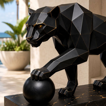 Geometric details of stainless steel panther sculpture with black finish
