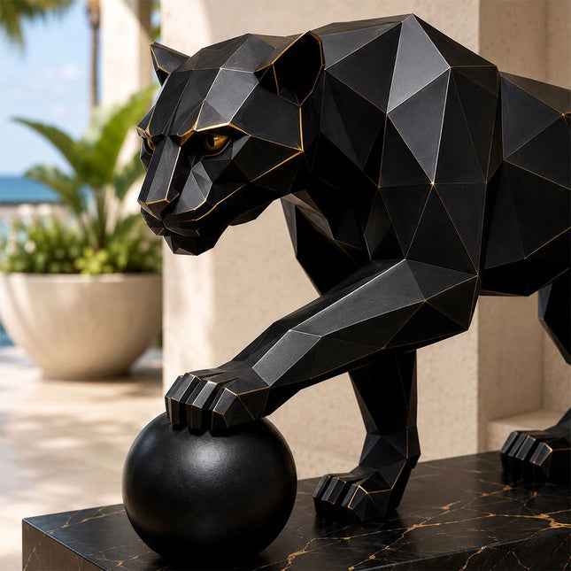 Geometric details of stainless steel panther sculpture with black finish