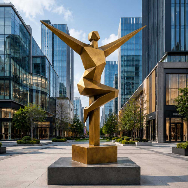Geometric stainless steel figure sculpture installed in a contemporary urban landscape