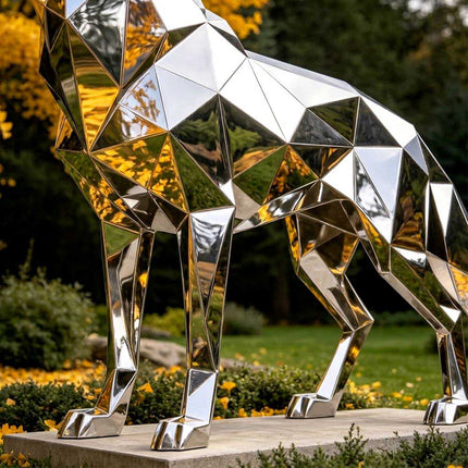 Geometric faceted details of a stainless steel wolf sculpture