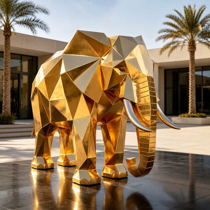 Gold stainless steel elephant sculpture with geometric faceted design