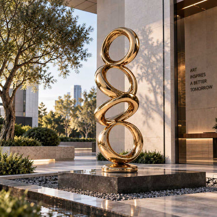 Gold mirror stainless steel circular sculpture with interlocking forms in a modern outdoor setting