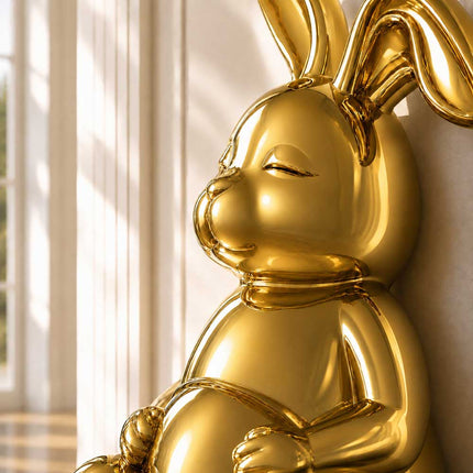 Close-up detail showing polished gold stainless steel surface of rabbit sculpture
