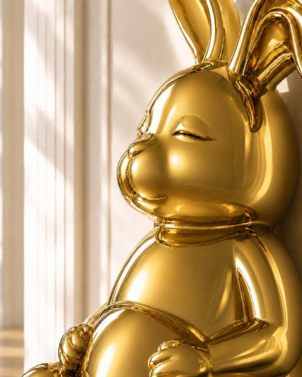 Close-up detail showing polished gold stainless steel surface of rabbit sculpture