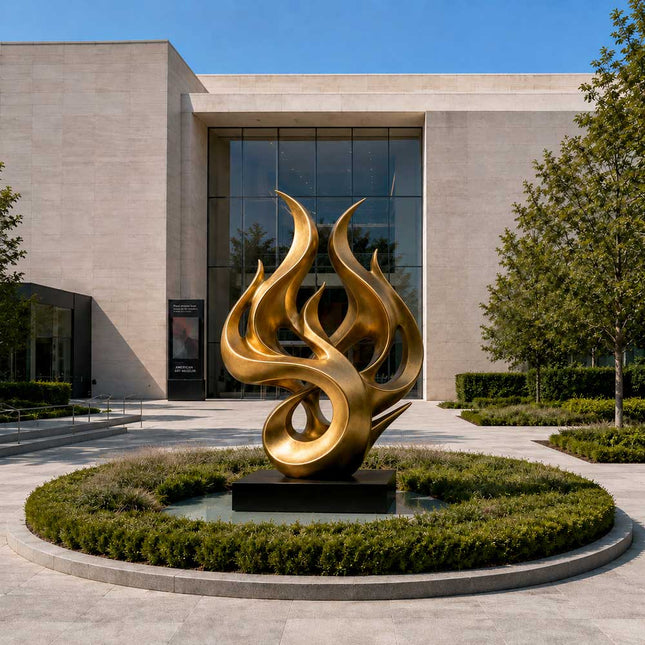 Gold stainless steel abstract sculpture displayed in a modern architectural landscape