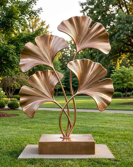 Gold stainless steel ginkgo sculpture installed in a landscaped garden setting
