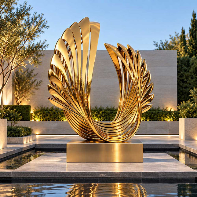 Gold stainless steel sculpture displayed in a dedicated art area within a modern residential courtyard